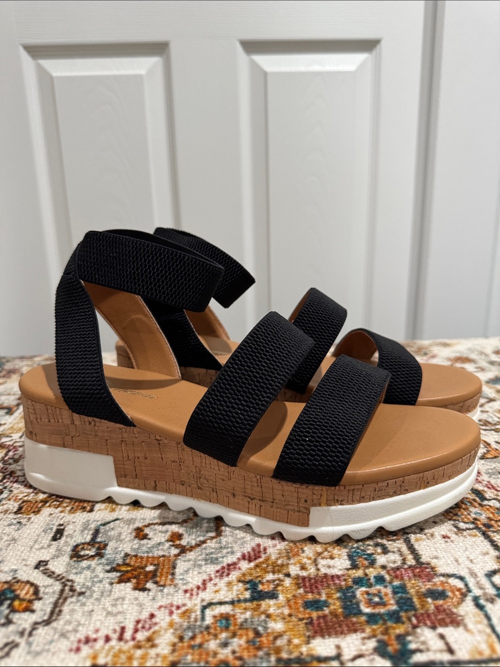 Black Elastic Strappy Cork-Platform Sandals — Comfortable Women’s Summer Wedge